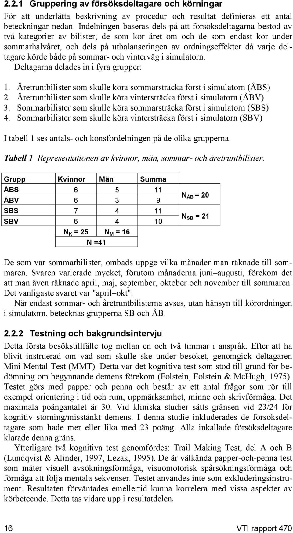 då varje deltagare körde både på sommar- och vinterväg i simulatorn. Deltagarna delades in i fyra grupper: 1. Åretruntbilister som skulle köra sommarsträcka först i simulatorn (ÅBS) 2.