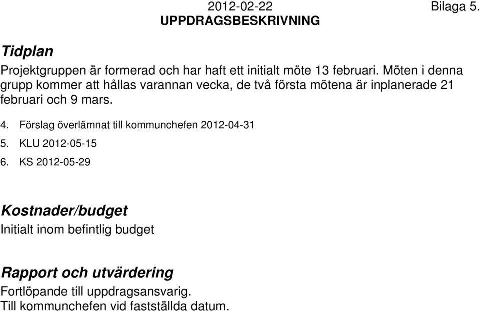 mars. 4. Förslag överlämnat till kommunchefen 2012-04-31 5. KLU 2012-05-15 6.