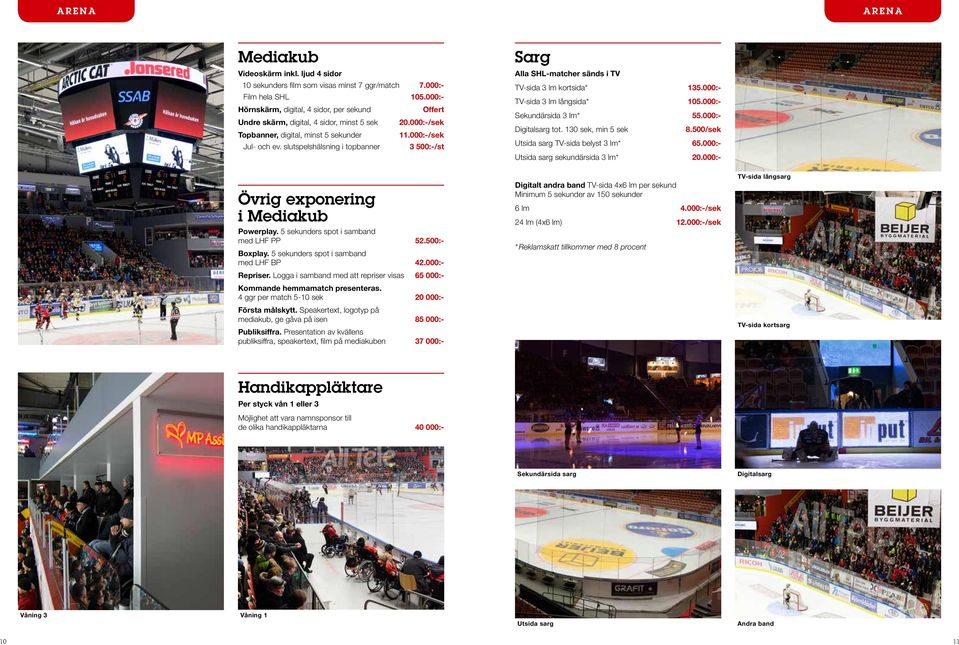 slutspelshälsning i topbanner 500:-/st Sarg Alla SHL-matcher sänds i TV TV-sida lm kortsida* 15.000:- TV-sida lm långsida* 105.000:- Sekundärsida lm* 55.000:- Digitalsarg tot. 10 sek, min 5 sek 8.