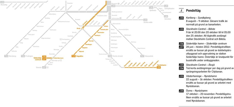 Pendeltågstrafiken ersätts av bussar på grund av dubbelspårsutbyggnad och upprustning av station Södertälje hamn. Östertälje är knutpunkt för busstrafik under ombyggnaden.