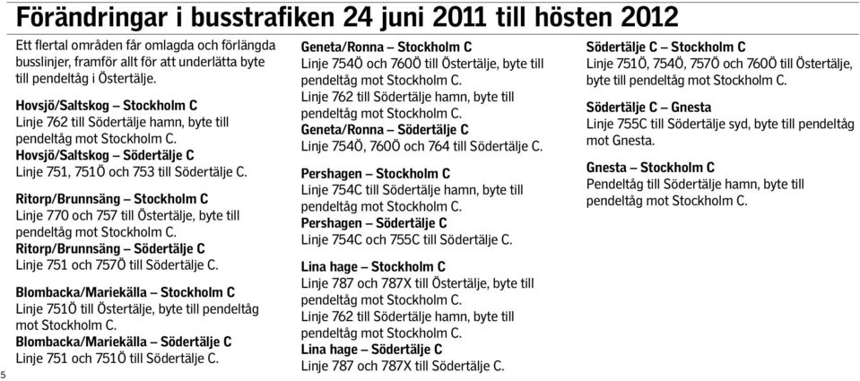 Ritorp/Brunnsäng Stockholm C Linje 770 och 757 till Östertälje, byte till pendeltåg mot Stockholm C. Ritorp/Brunnsäng Södertälje C Linje 751 och 757Ö till Södertälje C.