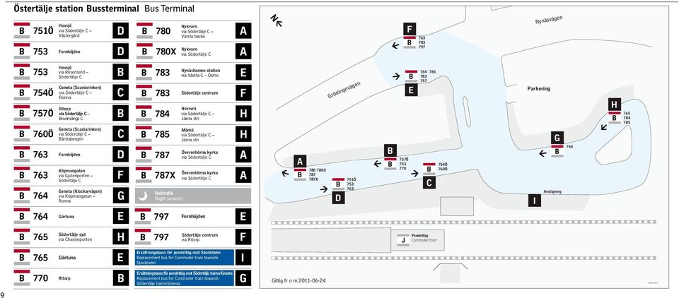 Bårstabergen C B C 763 Fornhöjden D Köpmangatan via Gjuteriporten Södertälje C 763 F Geneta (Klockarvägen) via Köpmangatan Ronna 764 G 764 Gärtuna E Nynäshamns station 783 via Vårsta C Ösmo E 783