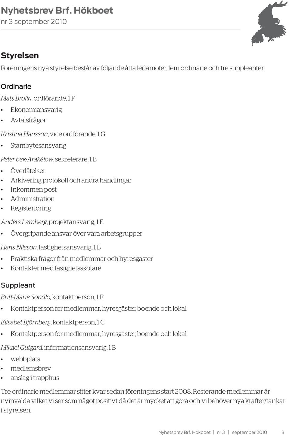 projektansvarig, 1 E Övergripande ansvar över våra arbetsgrupper Hans Nilsson, fastighetsansvarig, 1 B Praktiska frågor från medlemmar och hyresgäster Kontakter med fasighetsskötare Suppleant