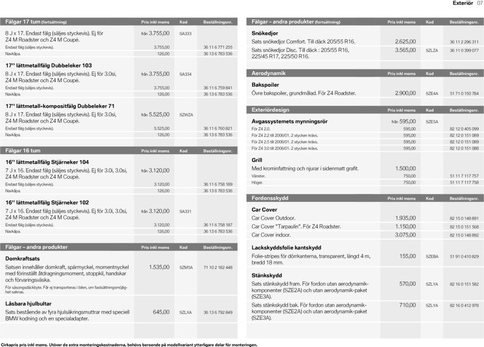 755,00 Endast fälg (säljes styckevis). 3.755,00 SA333 36 11 6 771 255 Snökedjor Sats snökedjor Comfort. Till däck 205/55 R16. 2.625,00 Sats snökedjor Disc.