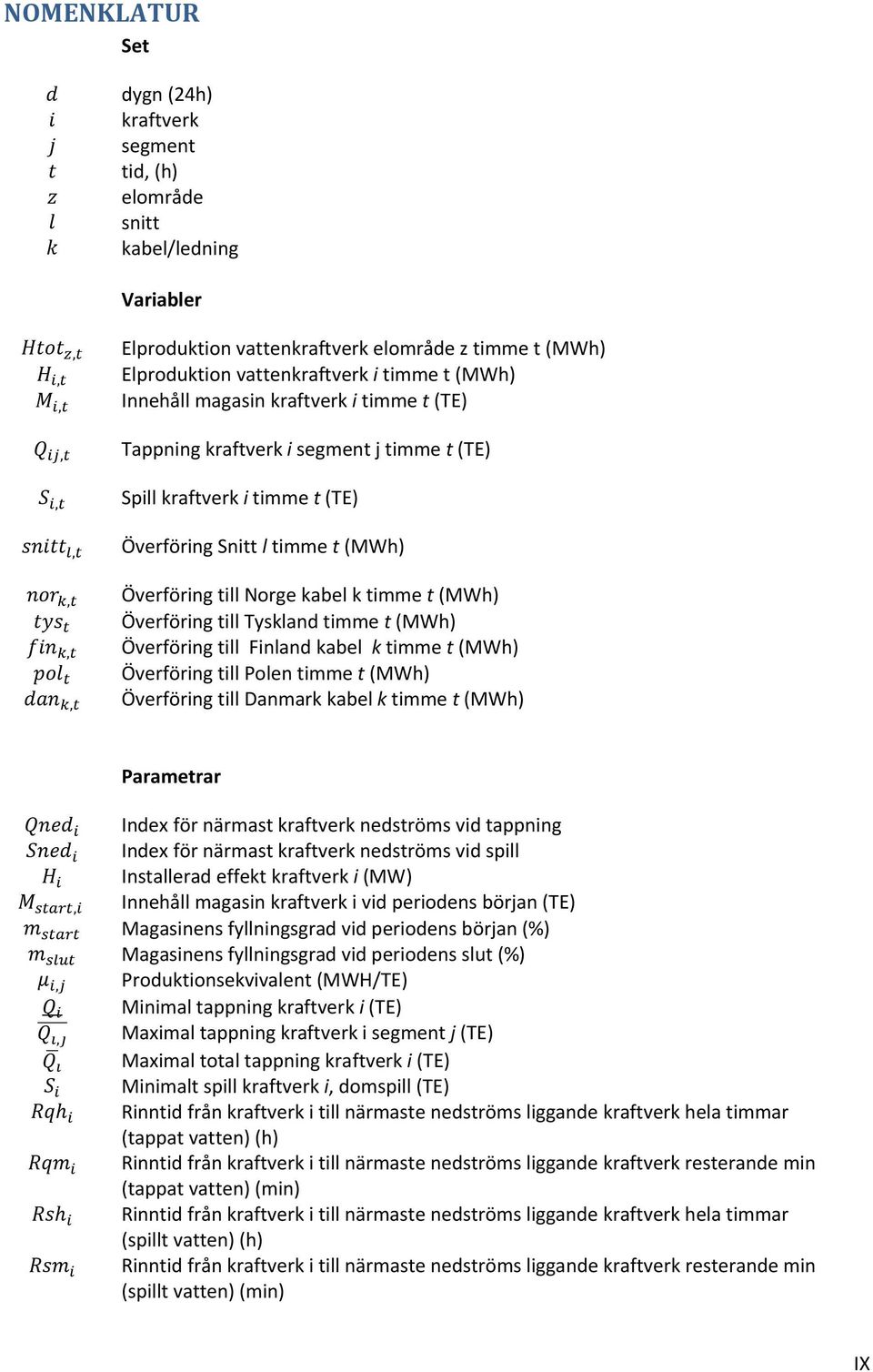 Överföring till Tyskland timme t (MWh) Överföring till Finland kabel k timme t (MWh) Överföring till Polen timme t (MWh) Överföring till Danmark kabel k timme t (MWh) Parametrar Index för närmast