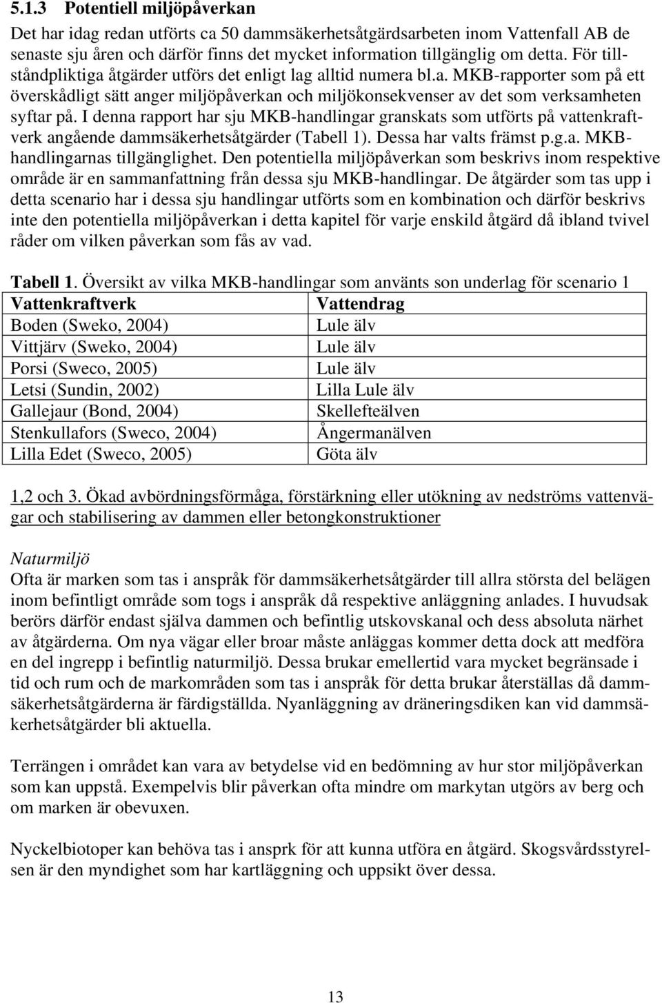 I denna rapport har sju MKB-handlingar granskats som utförts på vattenkraftverk angående dammsäkerhetsåtgärder (Tabell 1). Dessa har valts främst p.g.a. MKBhandlingarnas tillgänglighet.