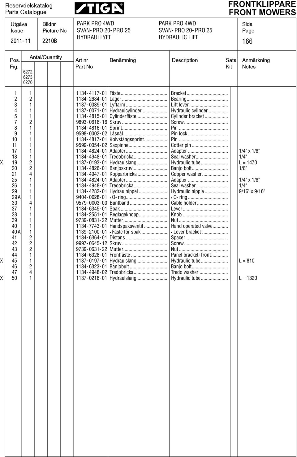 .. 4 1 1137-0071- 01 Hydraulcylinder... Hydraulic cylinder... 5 1 1134-4815- 01 Cylinderfäste... Cylinder bracket... 7 9893-01- 1 Skruv... Screw... 8 1 1134-481- 01 Sprint... Pin.