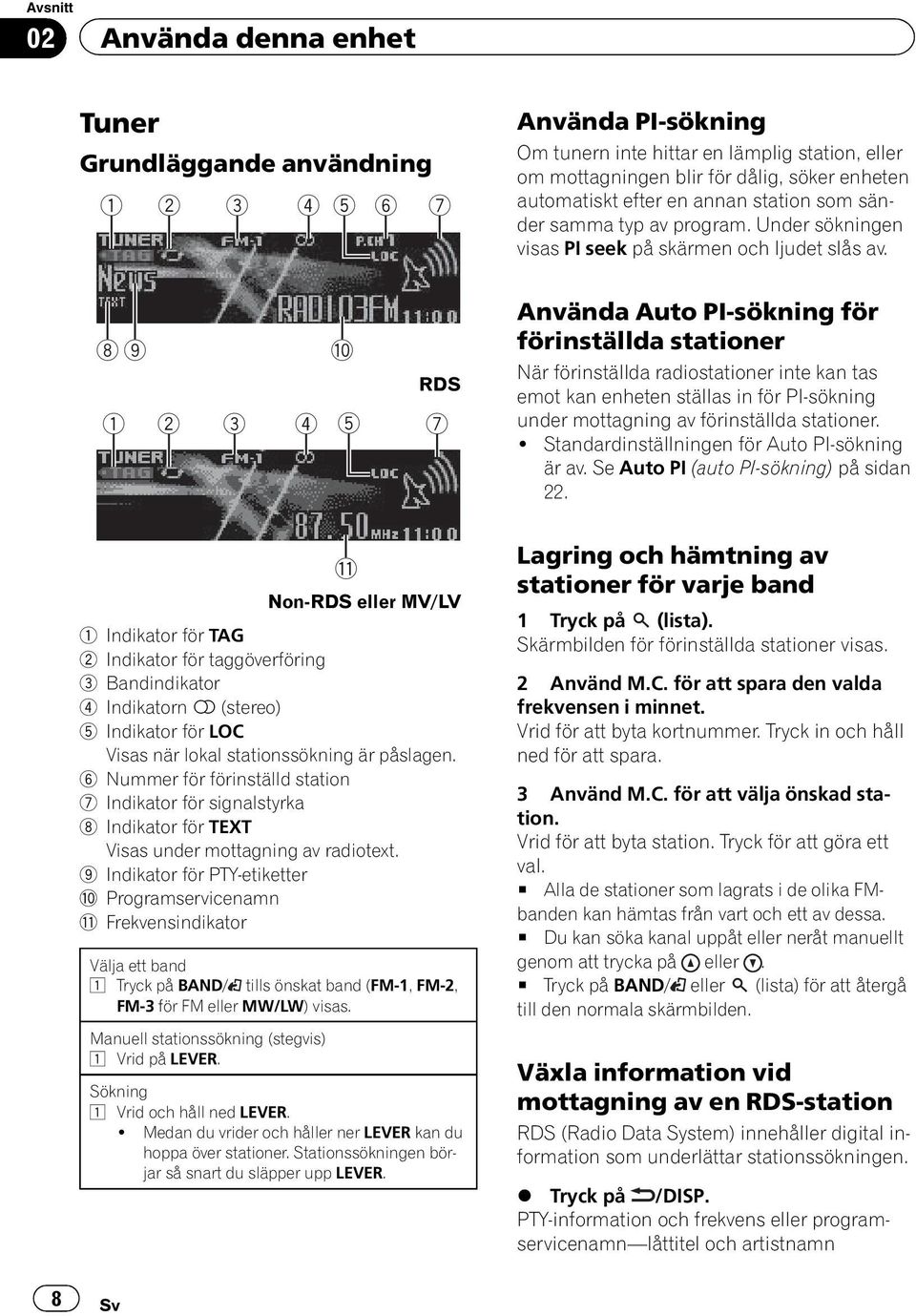 8 9 a RDS 1 2 3 4 5 7 Använda Auto PI-sökning för förinställda stationer När förinställda radiostationer inte kan tas emot kan enheten ställas in för PI-sökning under mottagning av förinställda