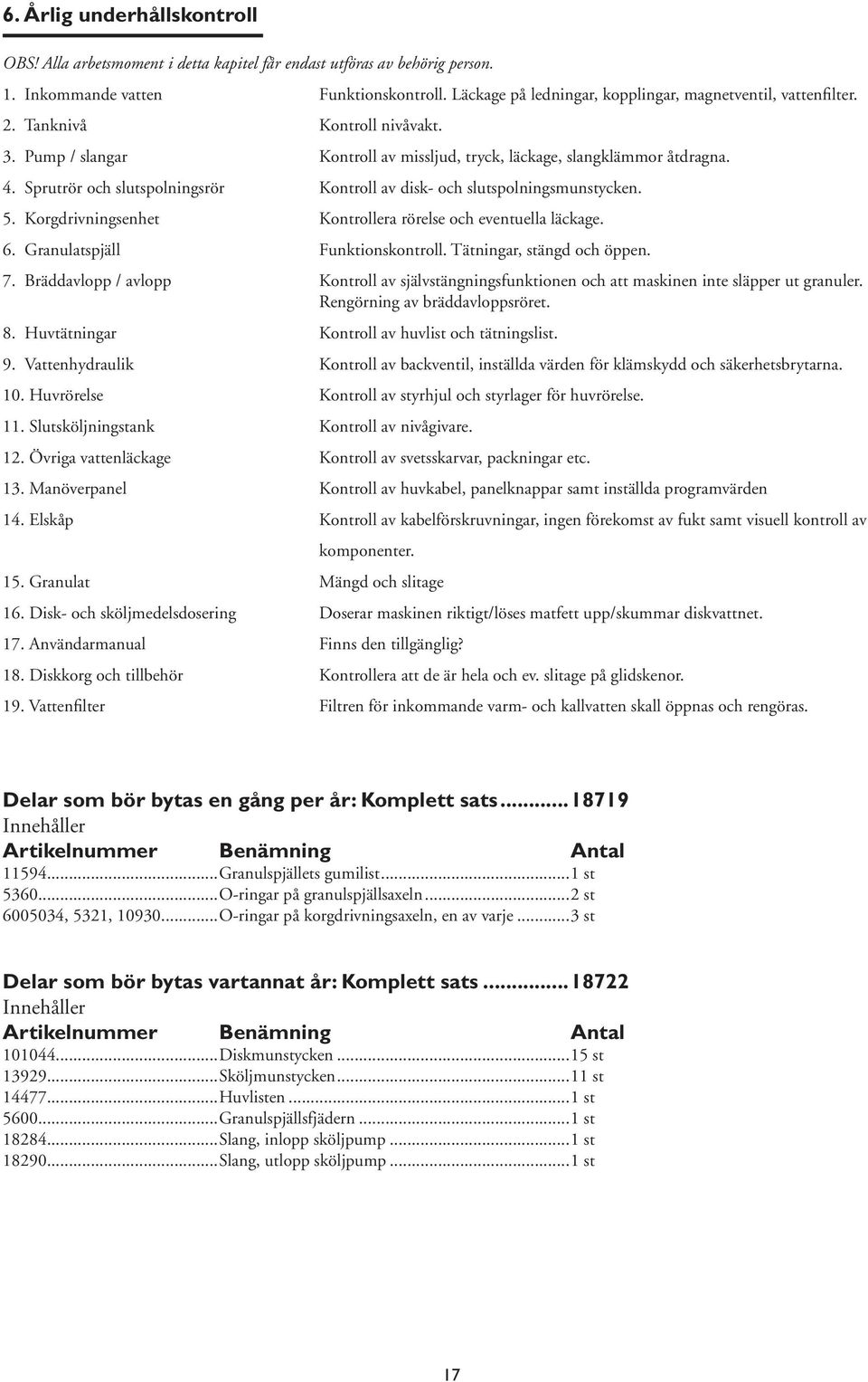 Sprutrör och slutspolningsrör Kontroll av disk- och slutspolningsmunstycken. 5. Korgdrivningsenhet Kontrollera rörelse och eventuella läckage. 6. Granulatspjäll Funktionskontroll.