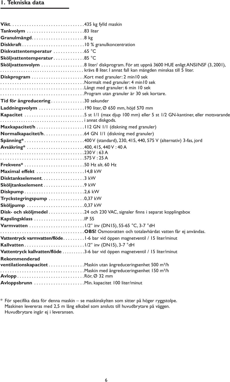 För att uppnå 3600 HUE enligt ANSI/NSF (3, 2001),.................................... krävs 8 liter. I annat fall kan mängden minskas till 5 liter. Diskprogram......................Kort med granuler: 2 min10 sek.