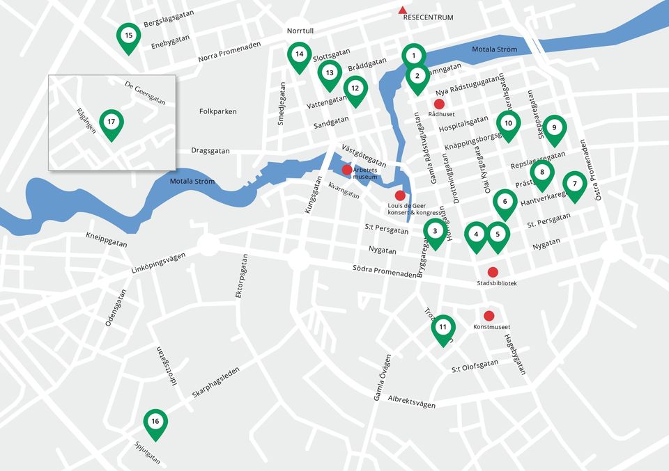 Rådstugugatan Rådhuset Louis de Geer konsert & kongress 3 Drottninggatan Hörngatan Trozelligatan Hospitalsgatan 11 Motala Ström Olai Kyrgogata Generalsgatan Knäppingsborgsgatan 4 5 10 6