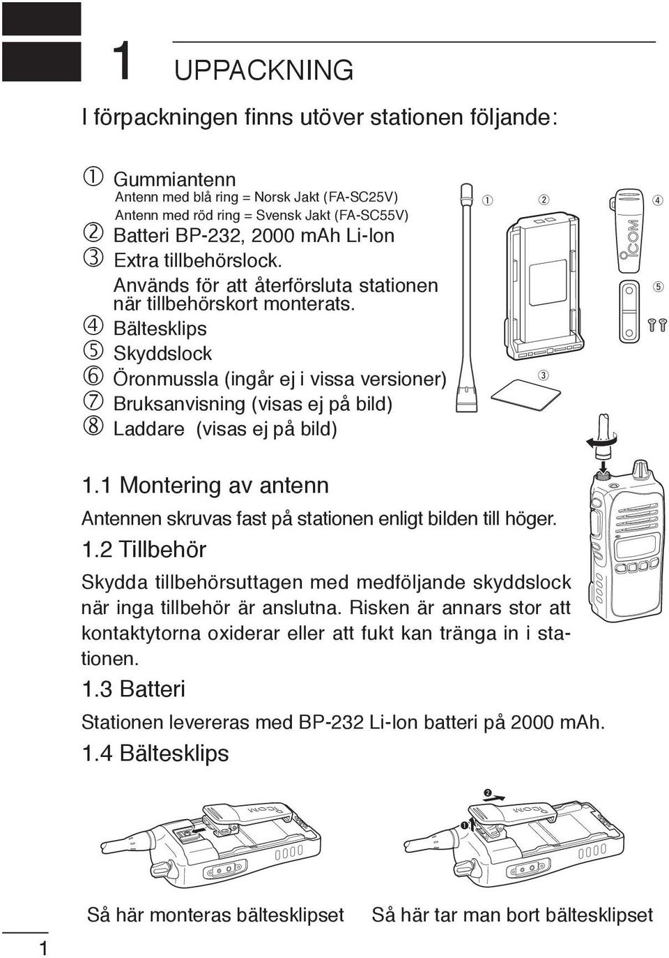 Bältesklips Skyddslock Öronmussla (ingår ej i vissa versioner) Bruksanvisning (visas ej på bild) Laddare (visas ej på bild) q w e r t 1.