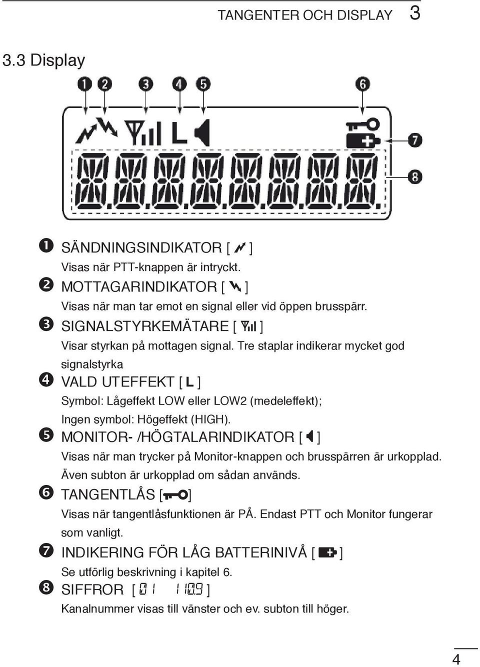 Tre staplar indikerar mycket god signalstyrka VALD UTEFFEKT [ ] Symbol: Lågeffekt LOW eller LOW2 (medeleffekt); Ingen symbol: Högeffekt (HIGH).