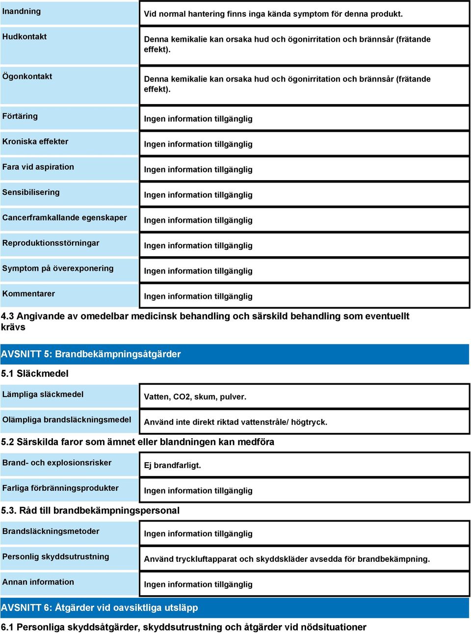 3 Angivande av omedelbar medicinsk behandling och särskild behandling som eventuellt krävs AVSNITT 5: Brandbekämpningsåtgärder 5.