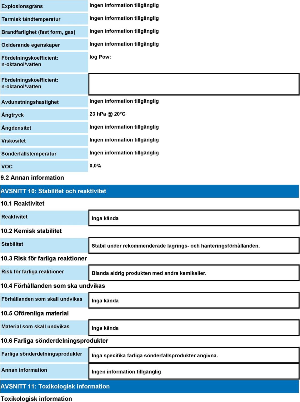 1 Reaktivitet Reaktivitet Inga kända 10.2 Kemisk stabilitet Stabilitet Stabil under rekommenderade lagrings- och hanteringsförhållanden. 10.3 Risk för farliga reaktioner Risk för farliga reaktioner Blanda aldrig produkten med andra kemikalier.