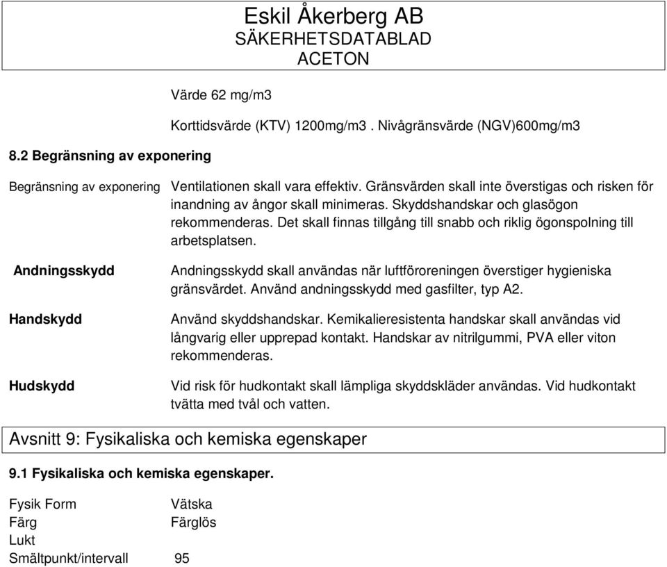 Det skall finnas tillgång till snabb och riklig ögonspolning till arbetsplatsen. Andningsskydd Handskydd Hudskydd Andningsskydd skall användas när luftföroreningen överstiger hygieniska gränsvärdet.