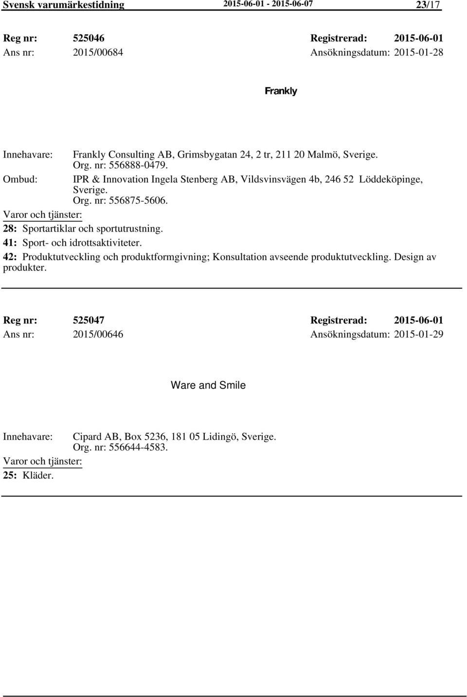 28: Sportartiklar och sportutrustning. 41: Sport- och idrottsaktiviteter. 42: Produktutveckling och produktformgivning; Konsultation avseende produktutveckling.