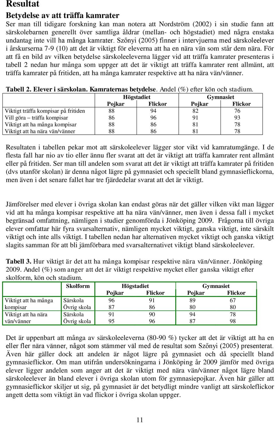 Szőnyi (2005) finner i intervjuerna med särskoleelever i årskurserna 7-9 (10) att det är viktigt för eleverna att ha en nära vän som står dem nära.