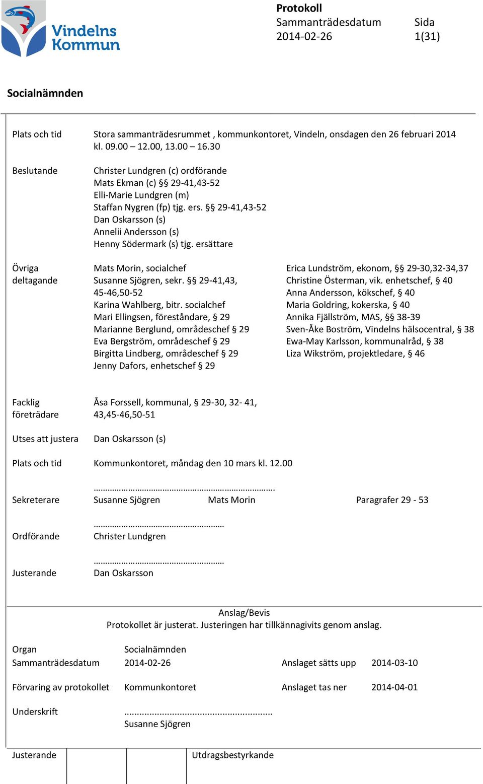 29-41,43-52 Dan Oskarsson (s) Annelii Andersson (s) Henny Södermark (s) tjg. ersättare Mats Morin, socialchef Susanne Sjögren, sekr. 29-41,43, 45-46,50-52 Karina Wahlberg, bitr.