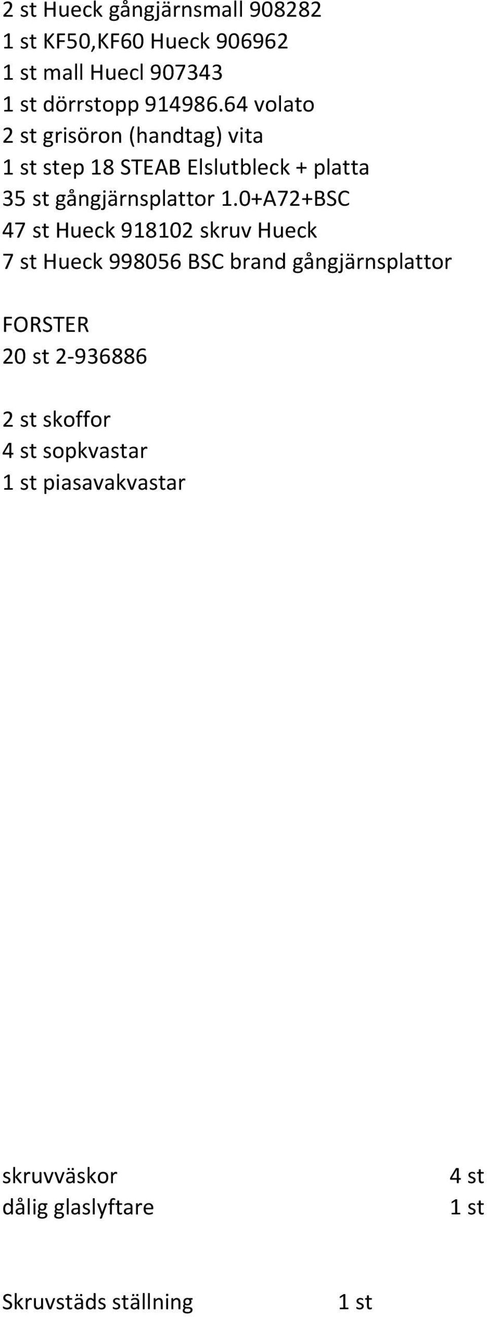 0+A72+BSC 47 st Hueck 918102 skruv Hueck 7 st Hueck 998056 BSC brand gångjärnsplattor FORSTER 20 st