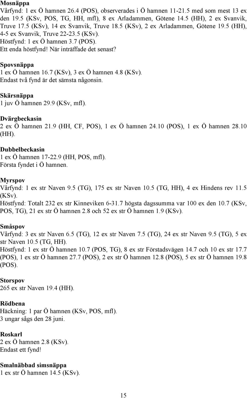 Spovsnäppa 1 ex Ö hamnen 16.7 (KSv), 3 ex Ö hamnen 4.8 (KSv). Endast två fynd är det sämsta någonsin. Skärsnäppa 1 juv Ö hamnen 29.9 (KSv, mfl). Dvärgbeckasin 2 ex Ö hamnen 21.