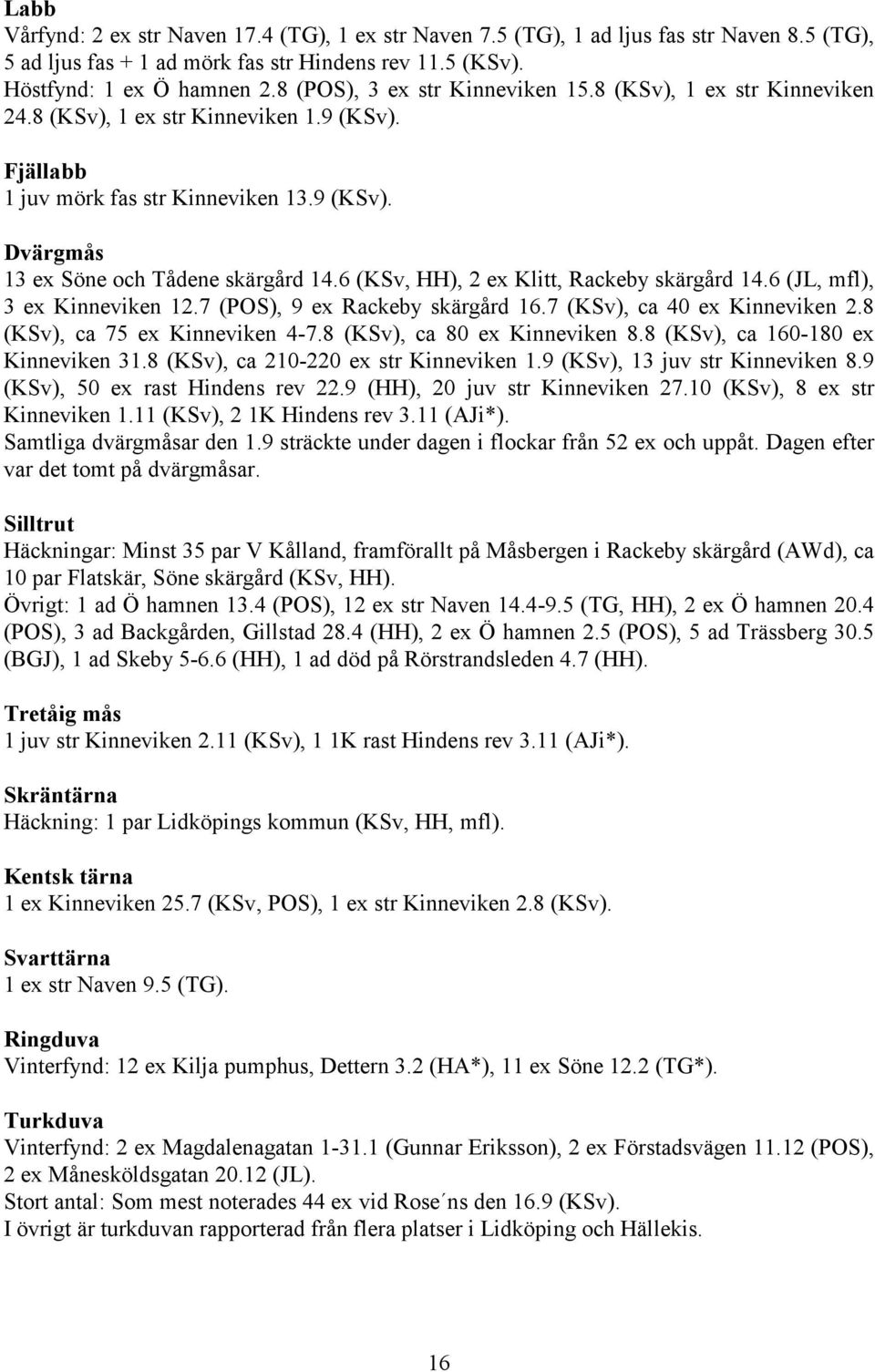 6 (KSv, HH), 2 ex Klitt, Rackeby skärgård 14.6 (JL, mfl), 3 ex Kinneviken 12.7 (POS), 9 ex Rackeby skärgård 16.7 (KSv), ca 40 ex Kinneviken 2.8 (KSv), ca 75 ex Kinneviken 4-7.