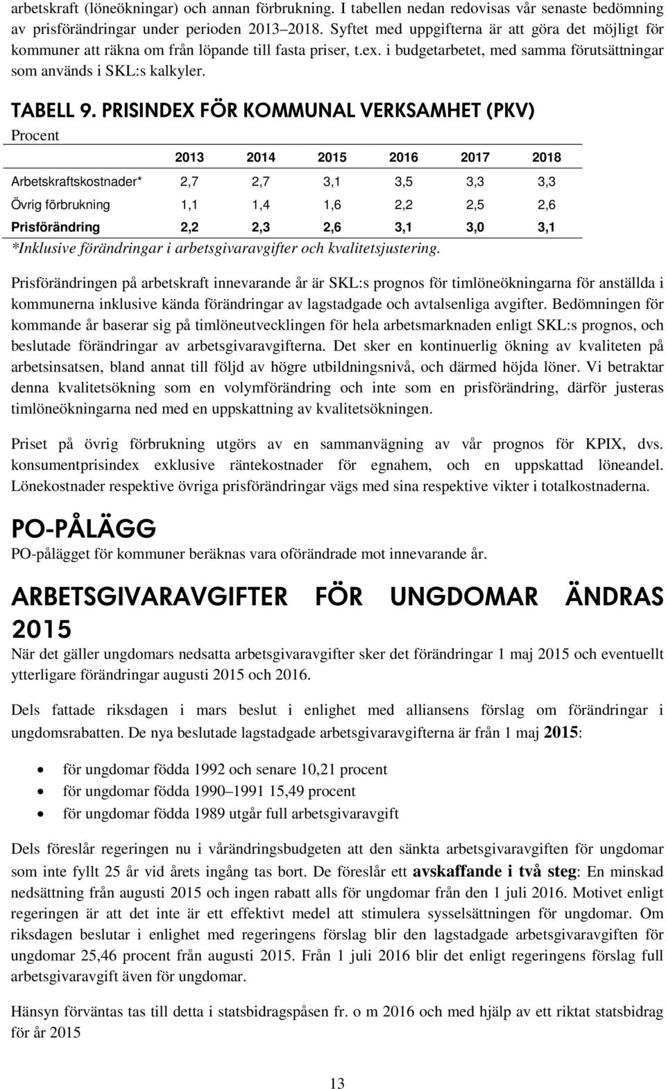 PRISINDEX FÖR KOMMUNAL VERKSAMHET (PKV) Procent 2013 2014 2015 2016 2017 2018 Arbetskraftskostnader* 2,7 2,7 3,1 3,5 3,3 3,3 Övrig förbrukning 1,1 1,4 1,6 2,2 2,5 2,6 Prisförändring 2,2 2,3 2,6 3,1