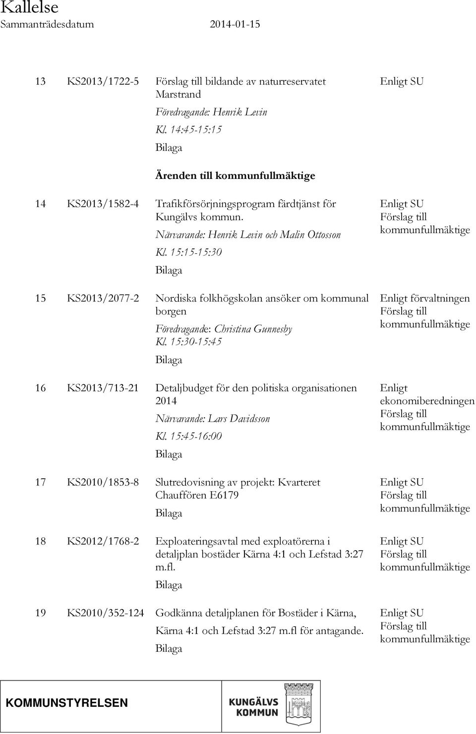 15:30-15:45 16 KS2013/713-21 Detaljbudget för den politiska organisationen 2014 Närvarande: Lars Davidsson Kl.