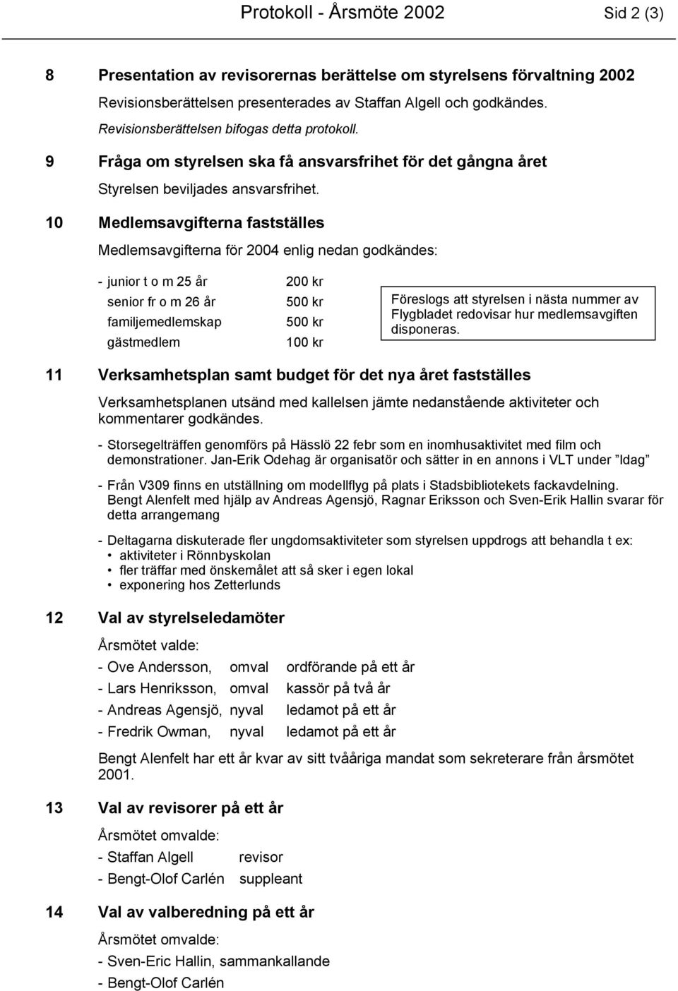 10 Medlemsavgifterna fastställes Medlemsavgifterna för 2004 enlig nedan godkändes: - junior t o m 25 år 200 kr senior fr o m 26 år 500 kr familjemedlemskap 500 kr gästmedlem 100 kr Föreslogs att