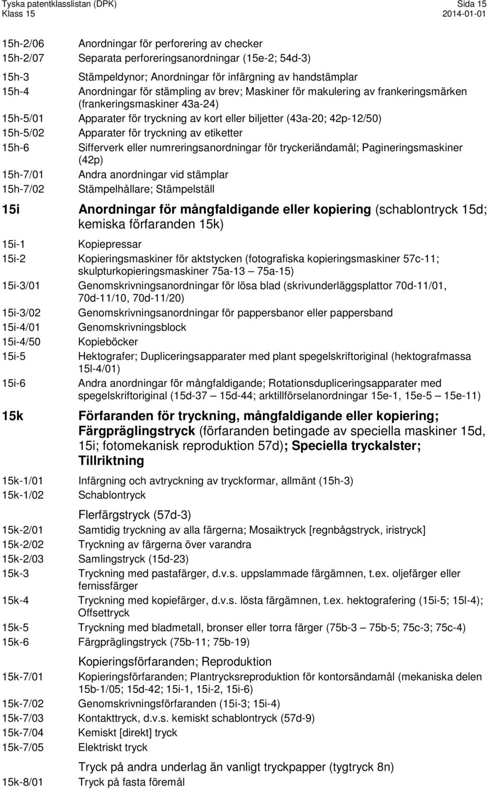 42p-12/50) 15h-5/02 Apparater för tryckning av etiketter 15h-6 Sifferverk eller numreringsanordningar för tryckeriändamål; Pagineringsmaskiner (42p) 15h-7/01 Andra anordningar vid stämplar 15h-7/02