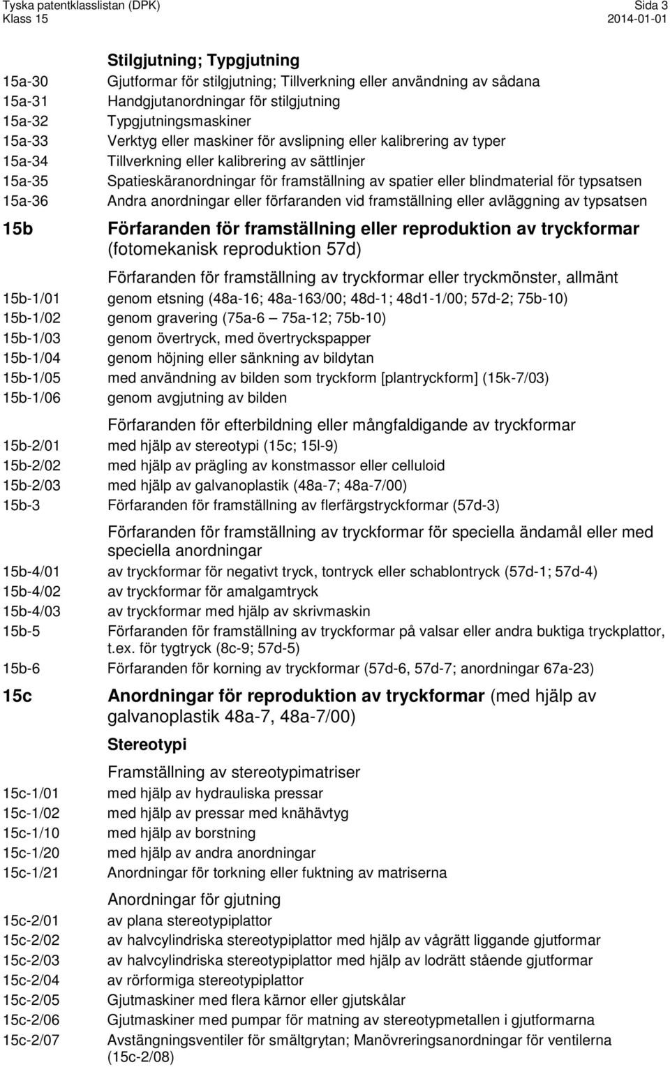 spatier eller blindmaterial för typsatsen 15a-36 Andra anordningar eller förfaranden vid framställning eller avläggning av typsatsen 15b 15b-1/01 15b-1/02 15b-1/03 15b-1/04 15b-1/05 15b-1/06