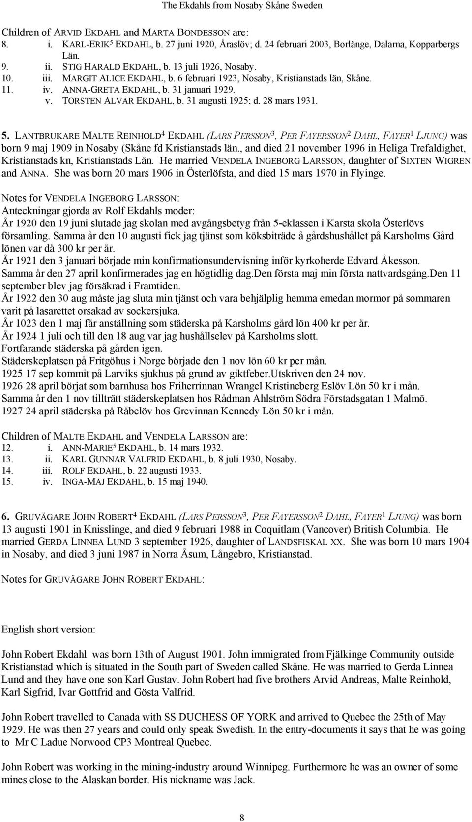 28 mars 1931. 5. LANTBRUKARE MALTE REINHOLD 4 EKDAHL (LARS PERSSON 3, PER FAYERSSON 2 DAHL, FAYER 1 LJUNG) was born 9 maj 1909 in Nosaby (Skåne fd Kristianstads län.