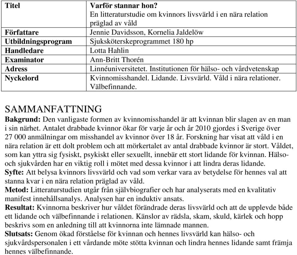 Institutionen för hälso- och vårdvetenskap Kvinnomisshandel. Lidande. Livsvärld. Våld i nära relationer. Välbefinnande.