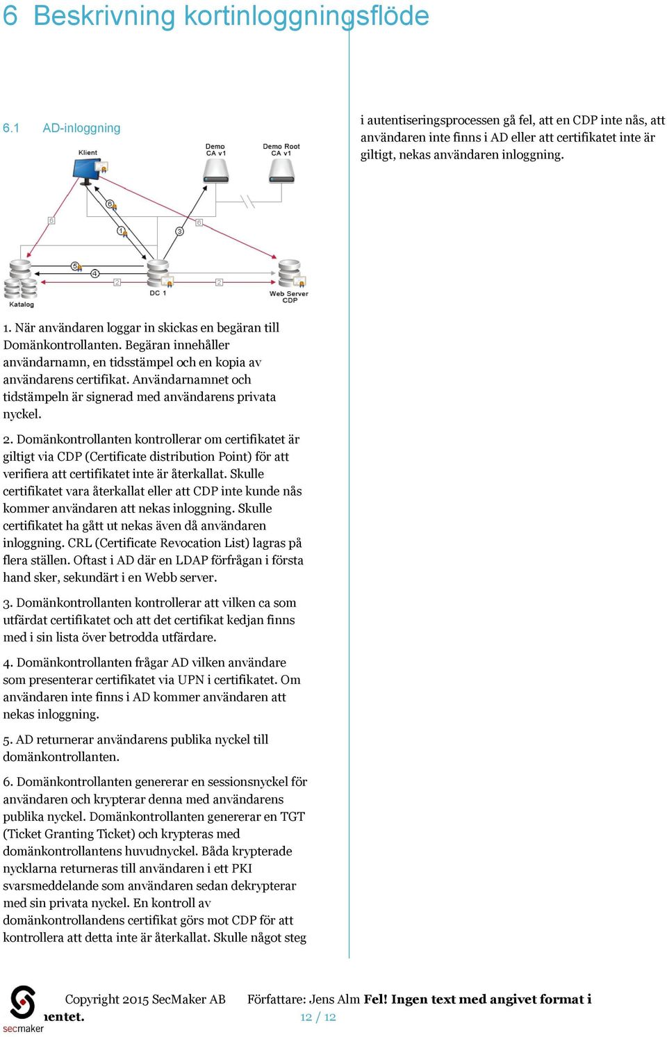 När användaren loggar in skickas en begäran till Domänkontrollanten. Begäran innehåller användarnamn, en tidsstämpel och en kopia av användarens certifikat.