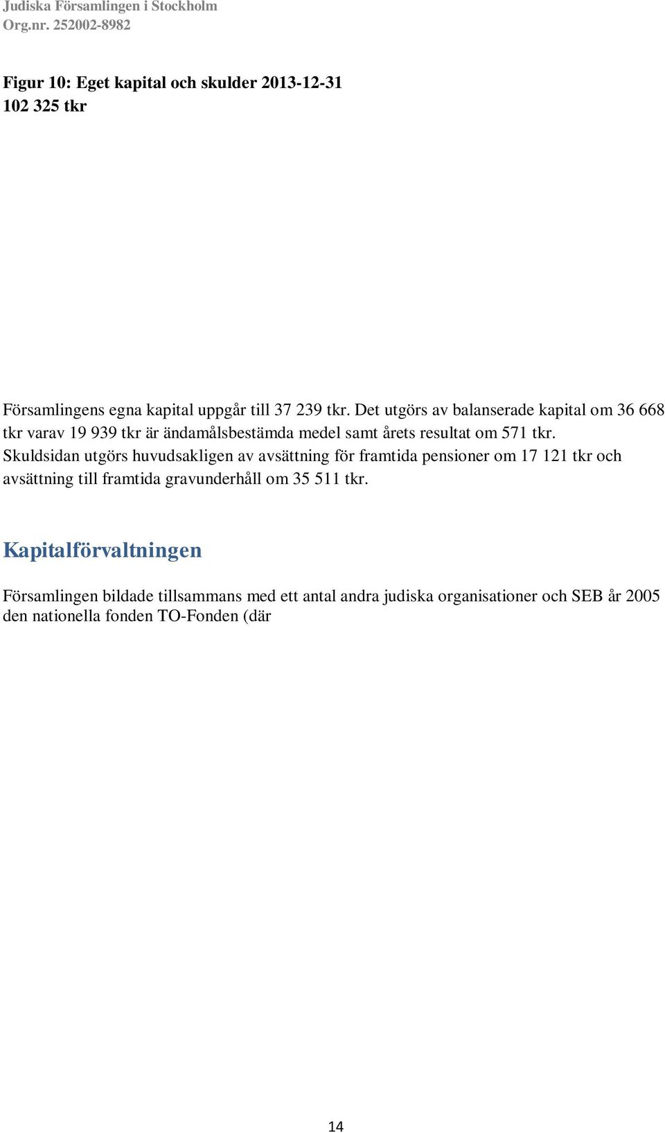 Skuldsidan utgörs huvudsakligen av avsättning för framtida pensioner om 17 121 tkr och avsättning till framtida gravunderhåll om 35 511 tkr.