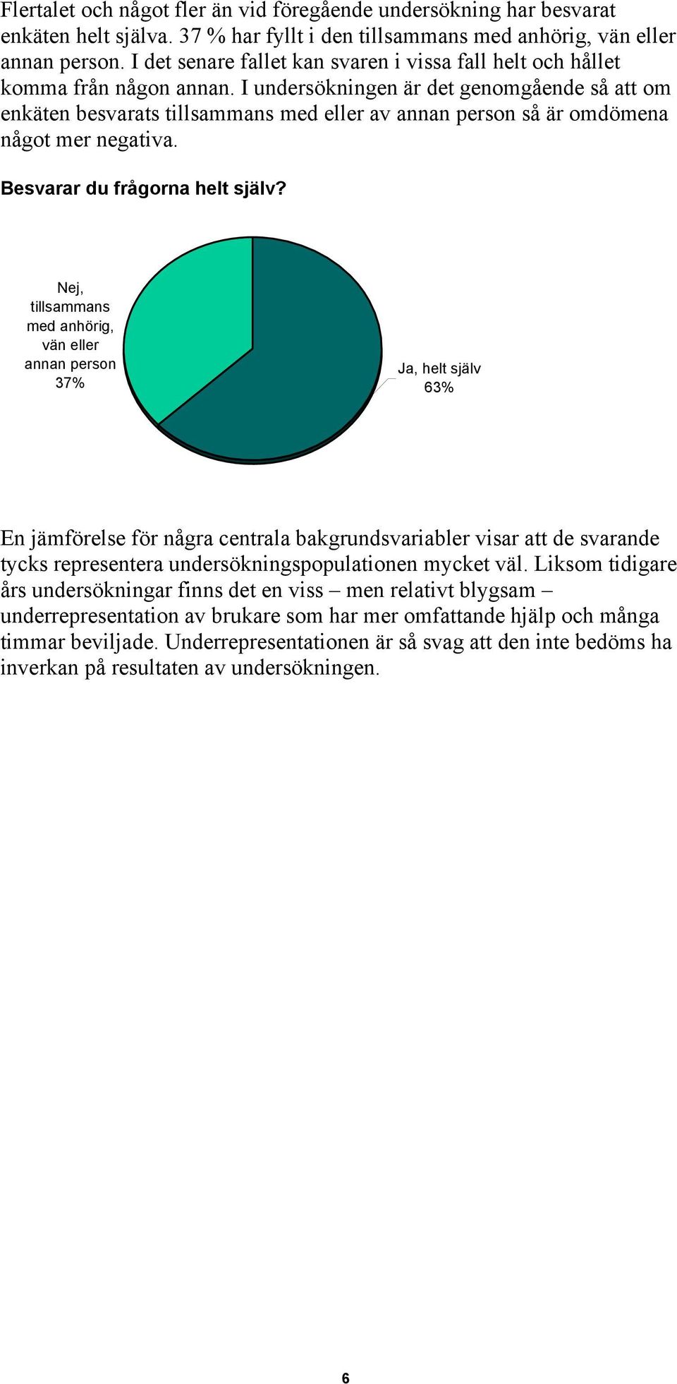 I undersökningen är det genomgående så att om enkäten besvarats tillsammans med eller av annan person så är omdömena något mer negativa. Besvarar du frågorna helt själv?