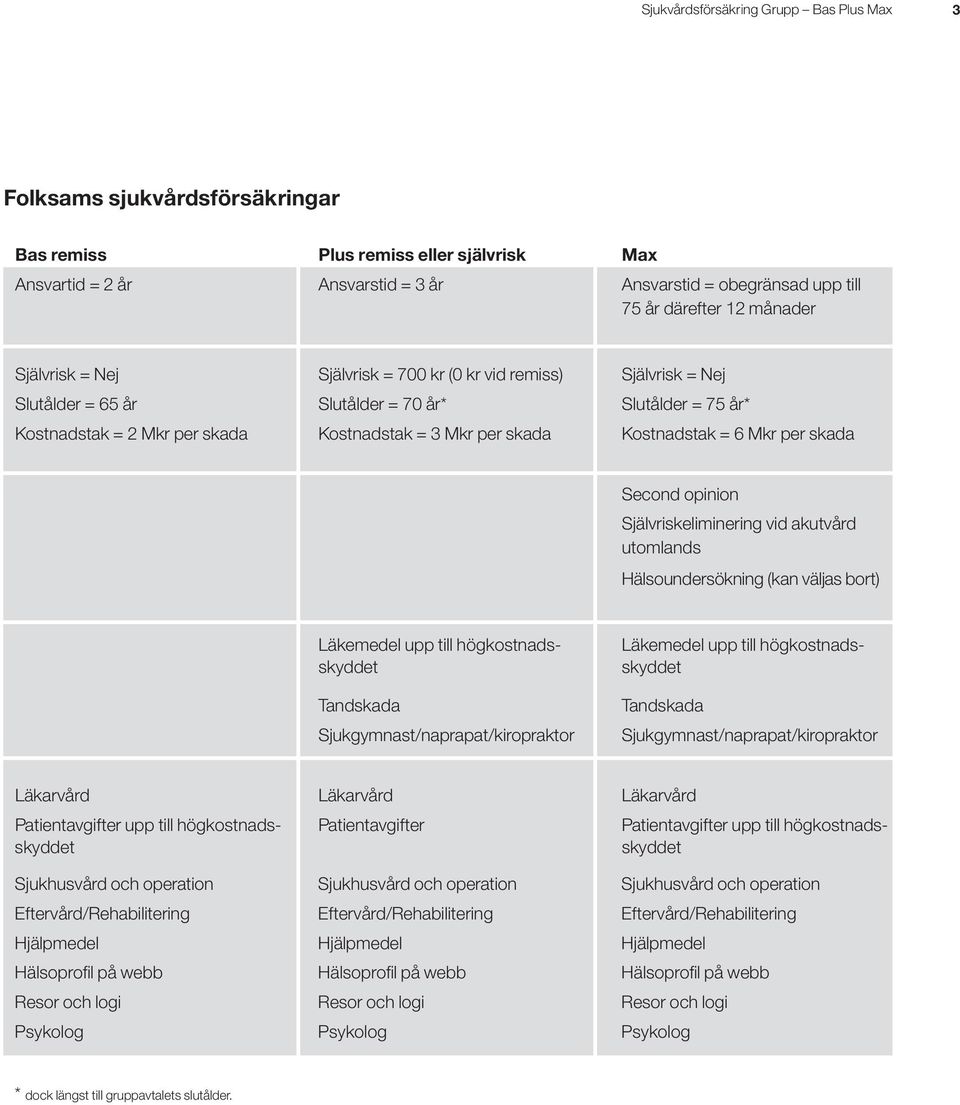 Kostnadstak = 6 Mkr per skada Second opinion Självriskeliminering vid akutvård utomlands Hälsoundersökning (kan väljas bort) Läkemedel upp till högkostnadsskyddet Tandskada