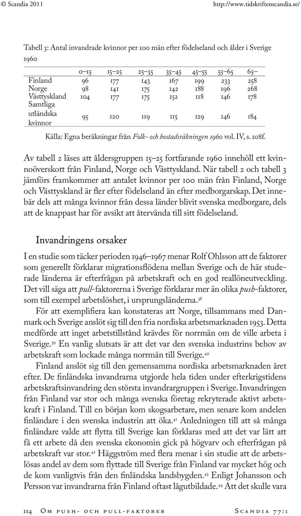 Av tabell 2 läses att åldersgruppen 15 25 fortfarande 1960 innehöll ett kvinnoöverskott från Finland, Norge och Västtyskland.