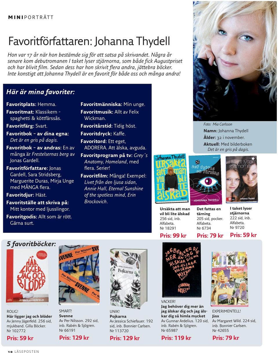 Inte konstigt att Johanna Thydell är en favorit för både oss och många andra! Här är mina favoriter: Favoritplats: Hemma. Favoritmänniska: Min unge. Favoritmat: Klassikern - spaghetti & köttfärssås.