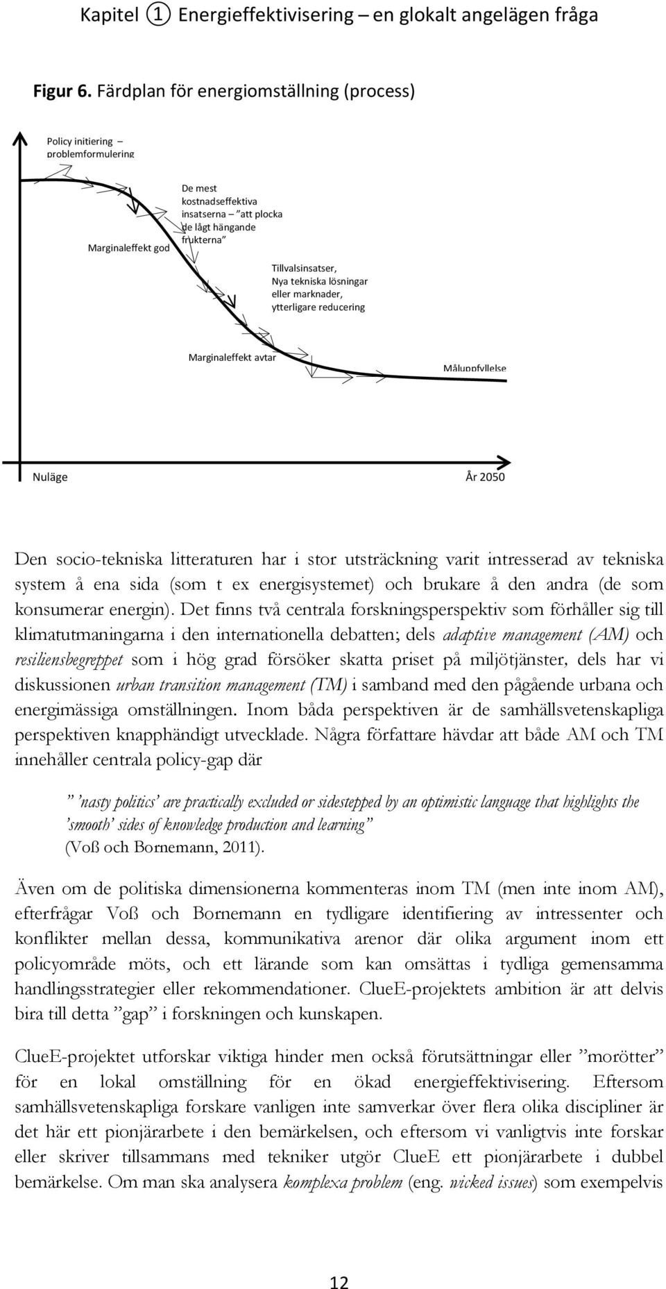 tekniska lösningar eller marknader, ytterligare reducering Marginaleffekt avtar Måluppfyllelse Nuläge År 2050 Den socio-tekniska litteraturen har i stor utsträckning varit intresserad av tekniska