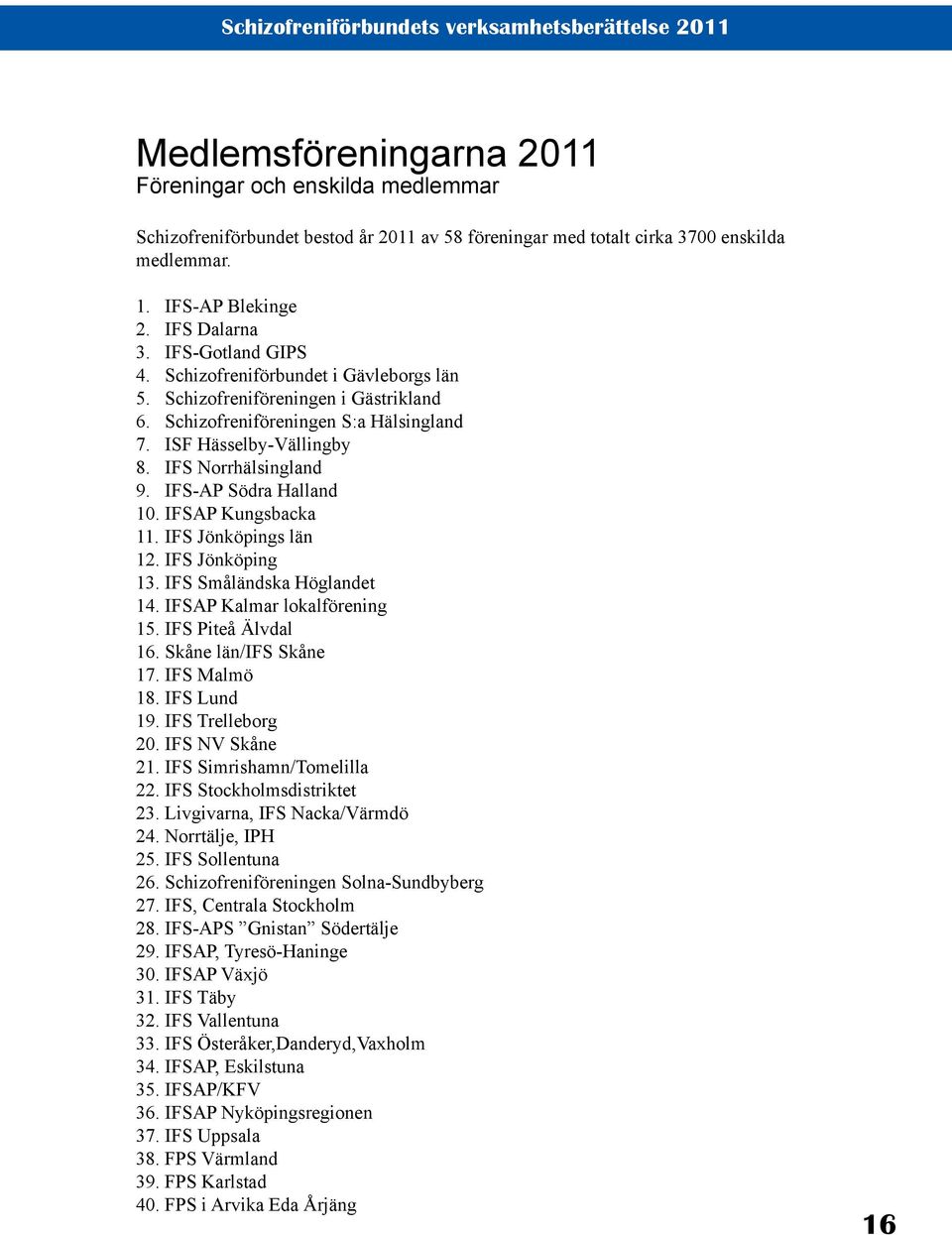 IFS-AP Södra Halland 10. IFSAP Kungsbacka 11. IFS Jönköpings län 12. IFS Jönköping 13. IFS Småländska Höglandet 14. IFSAP Kalmar lokalförening 15. IFS Piteå Älvdal 16. Skåne län/ifs Skåne 17.