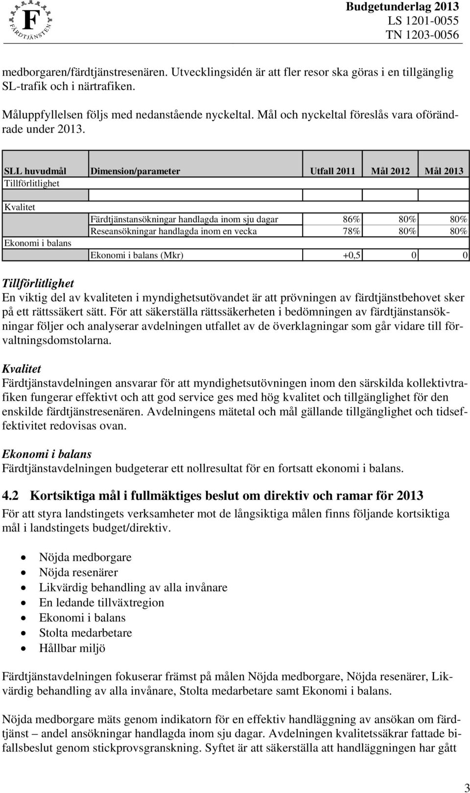 SLL huvudmål Dimension/parameter Utfall 2011 Mål 2012 Mål 2013 Tillförlitlighet Kvalitet Ekonomi i balans Färdtjänstansökningar handlagda inom sju dagar 86% 80% 80% Reseansökningar handlagda inom en