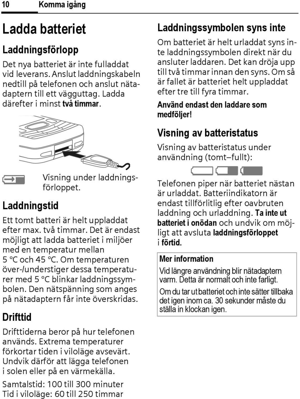 Om temperaturen över-/understiger dessa temperaturer med 5 blinkar laddningssymbolen. Den nätspänning som anges på nätadaptern får inte överskridas.