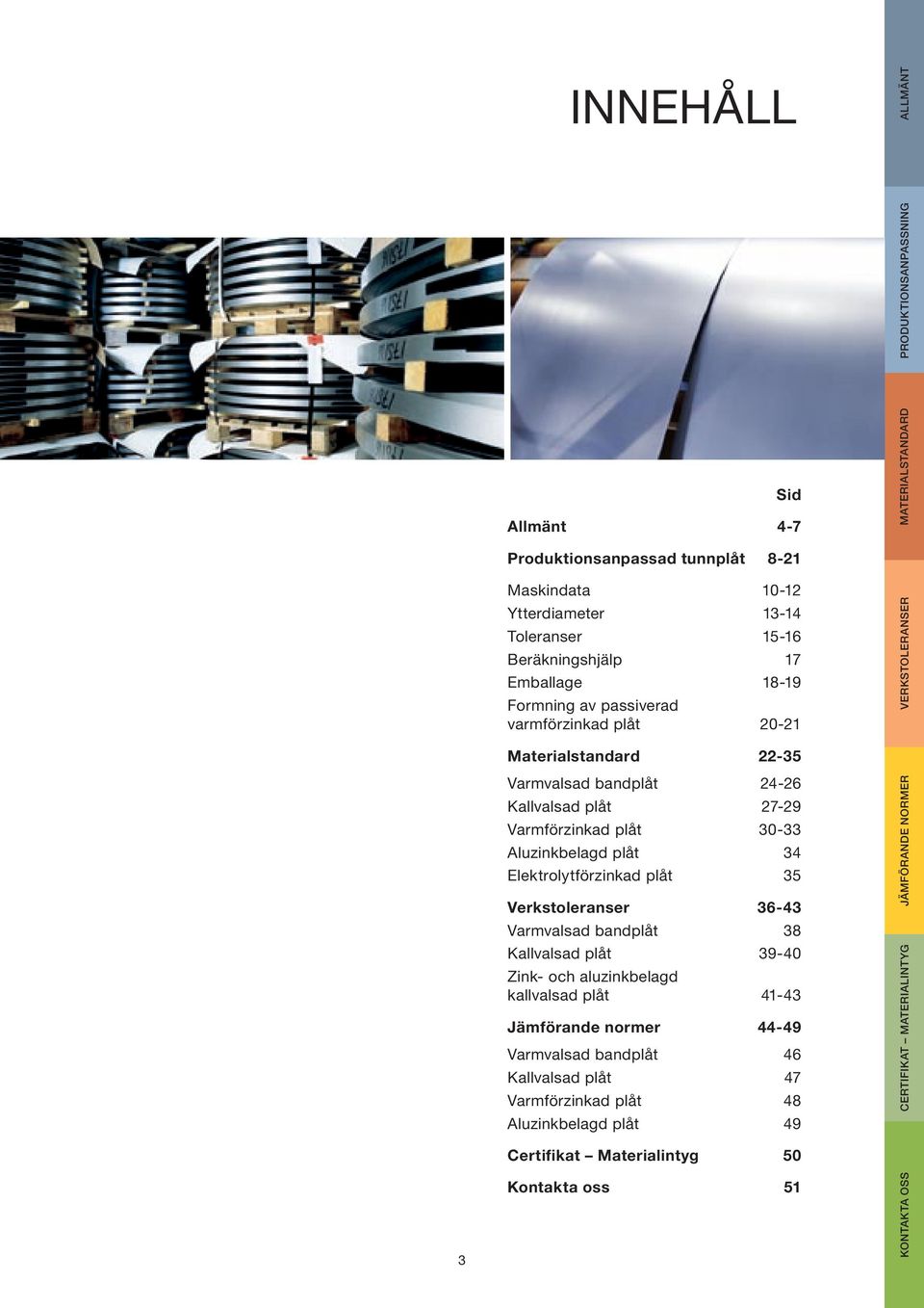 34 Elektrolytförzinkad plåt 35 Verkstoleranser 36-43 Varmvalsad bandplåt 38 Kallvalsad plåt 39-40 Zink- och aluzinkbelagd kallvalsad plåt 41-43 Jämförande normer 44-49 Varmvalsad