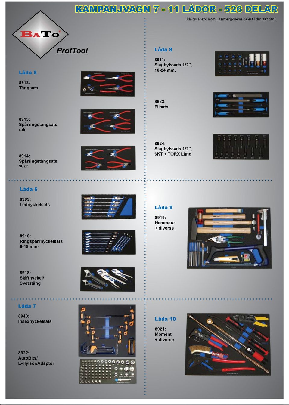 8924: Slaghylssats 1/2, 6KT + TORX Lång Låda 6 8909: Lednyckelsats 8910: Ringspärrnyckelsats