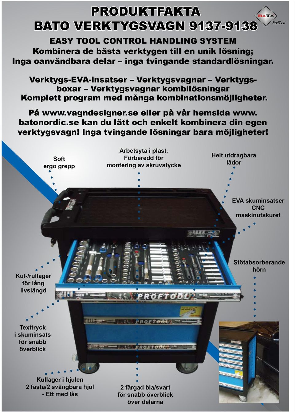 Verktygs-EVA-insatser Verktygsvagnar Verktygsboxar Verktygsvagnar kombilösningar Komplett program med många kombinationsmöjligheter. På www.vagndesigner.se eller på vår hemsida www. batonordic.