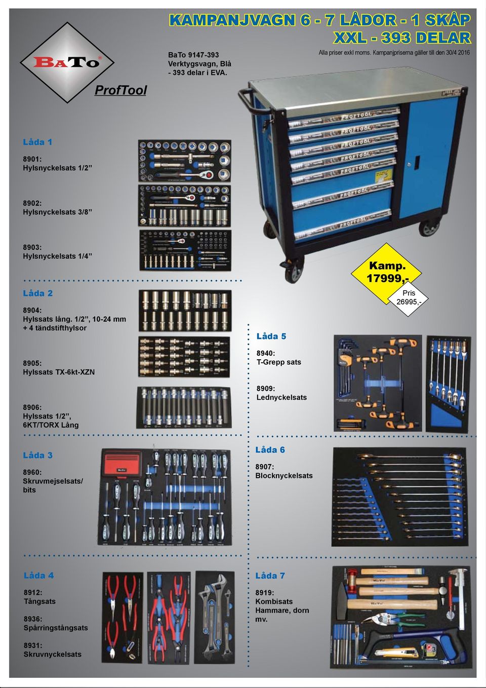 1/2, 10-24 mm + 4 tändstifthylsor Hylssats TX-6kt-XZN 8906: Hylssats 1/2, 6KT/TORX Lång Låda 5 8940: T-Grepp sats