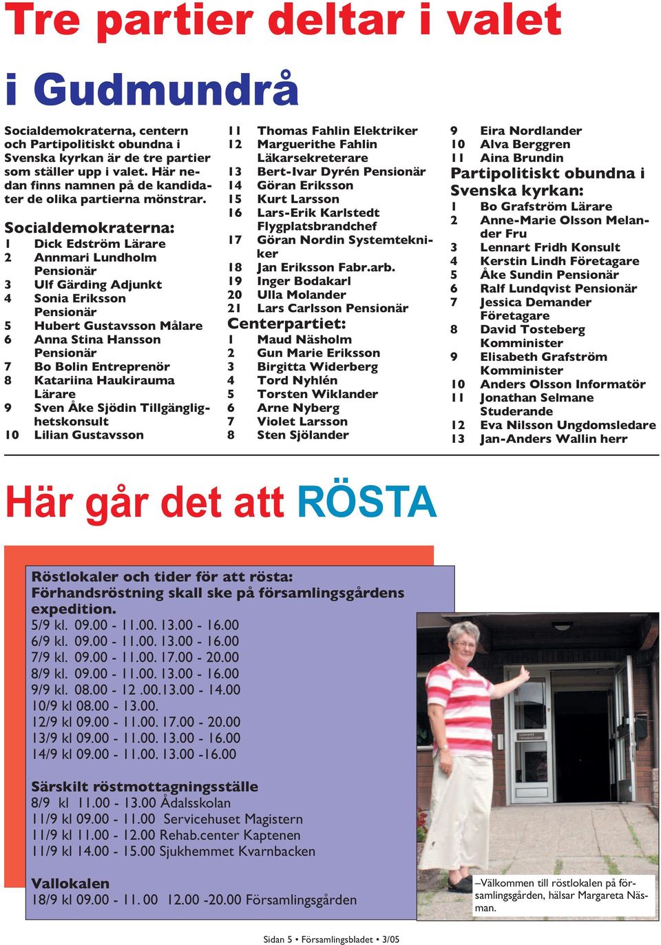 Socialdemokraterna: 1 Dick Edström Lärare 2 Annmari Lundholm Pensionär 3 Ulf Gärding Adjunkt 4 Sonia Eriksson Pensionär 5 Hubert Gustavsson Målare 6 Anna Stina Hansson Pensionär 7 Bo Bolin