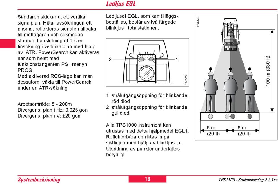 Med aktiverad RCS-läge kan man dessutom växla till PowerSearch under en ATR-sökning Arbetsområde: 5-00m Divergens, plan i Hz: 0.