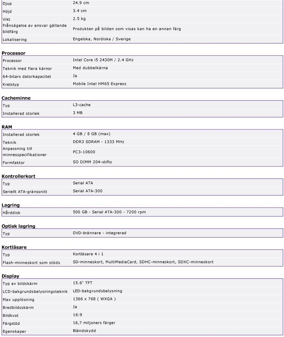 4 GHz Med dubbelkärna Mobile Intel HM65 Express Cacheminne Installerad storlek L3 cache 3 MB RAM Installerad storlek Teknik Anpassning till minnesspecifikationer Formfaktor 4 GB / 8 GB (max) DDR3